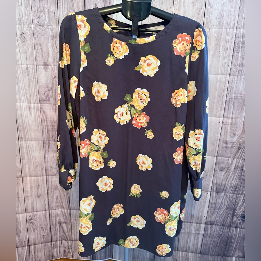 🌸 LOFT Floral Shift Dress | Navy Yellow Roses | Long Sleeve | L